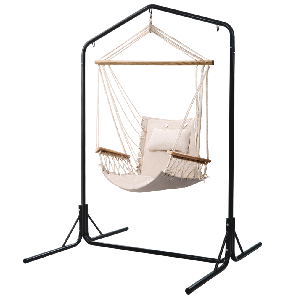 HM-CHAIR-ARM-CREAM-U-00 Gardeon Outdoor Hammock Chair with Stand Swing Hanging Hammock Garden Cream - Image 1