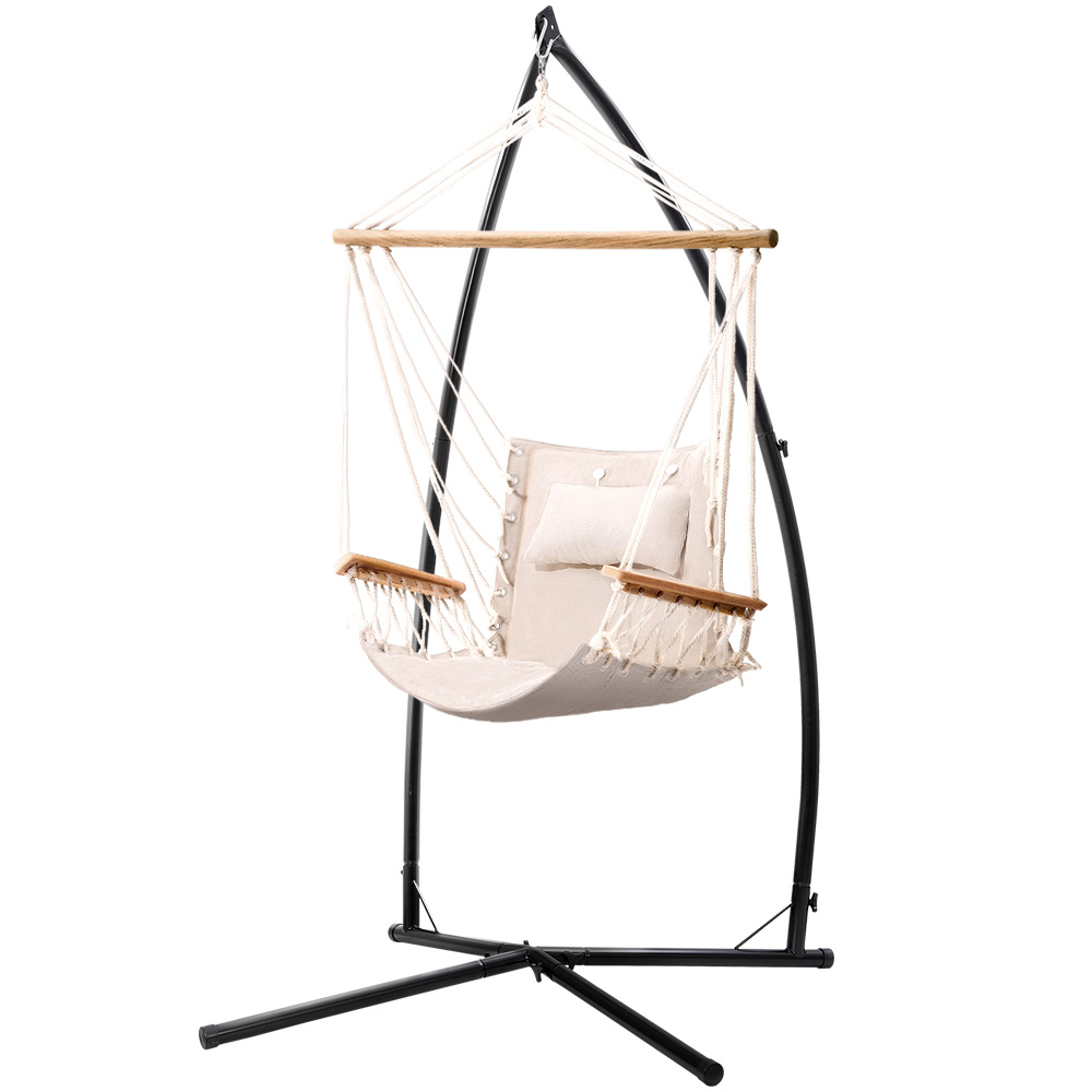 HM-CHAIR-ARM-CREAM-X-39756-00 Gardeon Hammock Chair with Steel Stand Armrest Outdoor Hanging Cream - Image 1