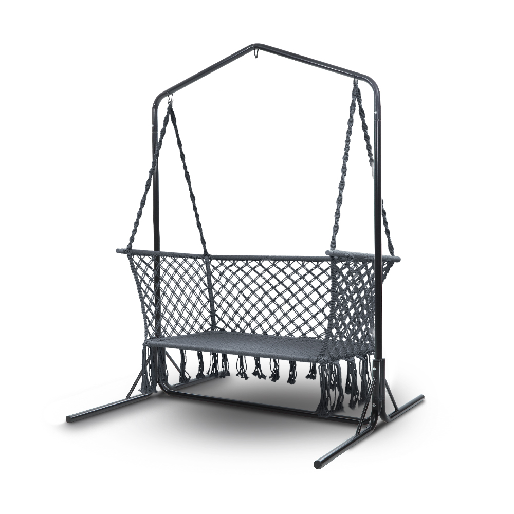 HM-CHAIR-STAND-U-DOU-GREY-00 Gardeon Hammock Chair with Stand Macrame Outdoor Garden 2 Seater Grey - Image 1