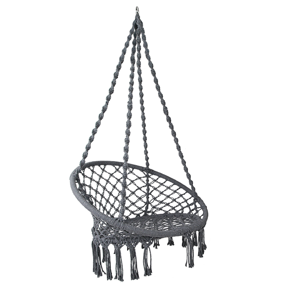 HM-CHAIR-SWING-GREY-00 Gardeon Hammock Chair Outdoor Hanging Macrame Cotton Indoor Grey - Image 1