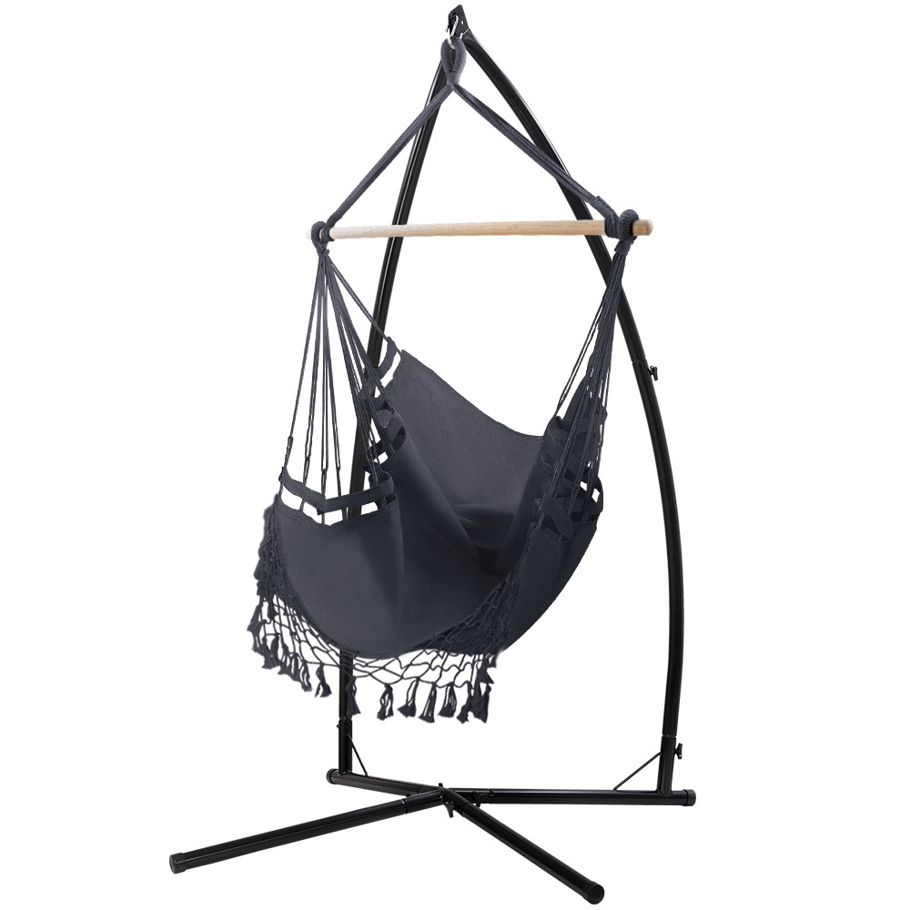 HM-CHAIR-TASSEL-GREY-X-39773-00 Gardeon Hammock Chair with Steel Stand Hanging Outdoor Tassel Grey - Image 1
