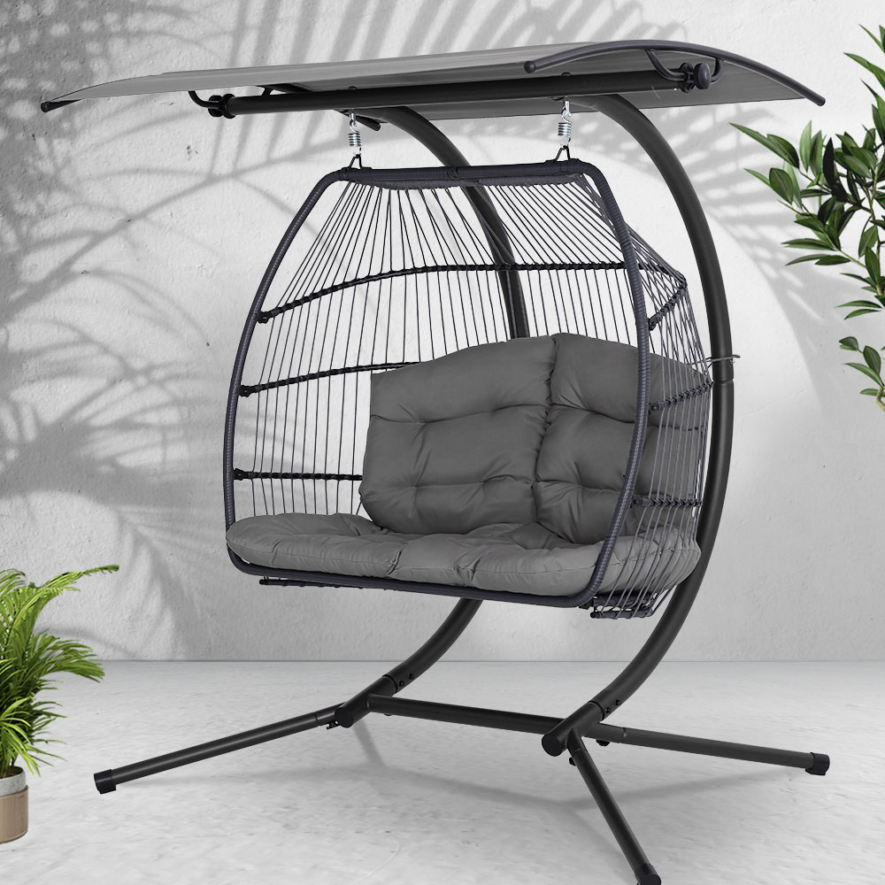 HM-EGG-FOLD-D-GR-202502281544-00 Gardeon Outdoor Egg Swing Chair Wicker Furniture Pod Stand Canopy 2 Seater Grey - Image 1