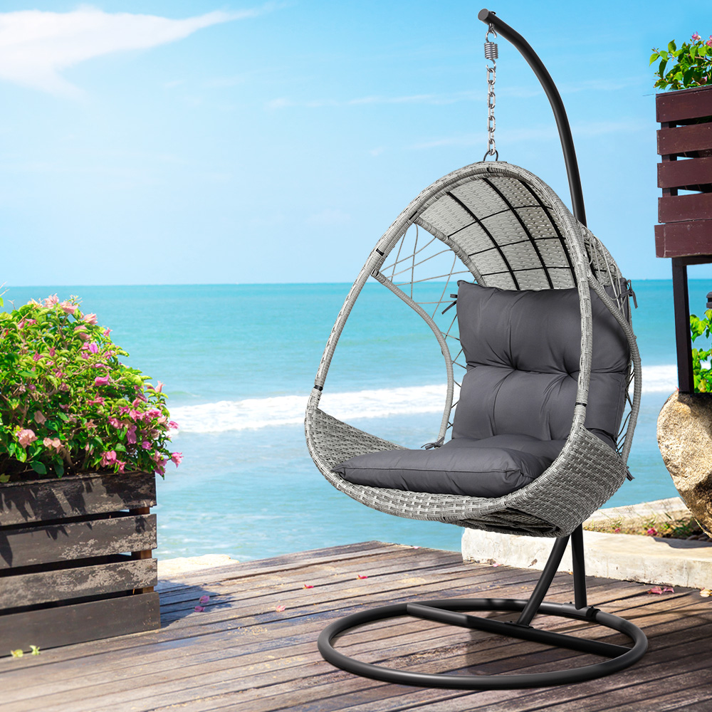 HM-EGG-RAN-S-ARM-LGR-90952-05 Gardeon Outdoor Egg Swing Chair Wicker Furniture Pod Stand Armrest Light Grey - Image 1