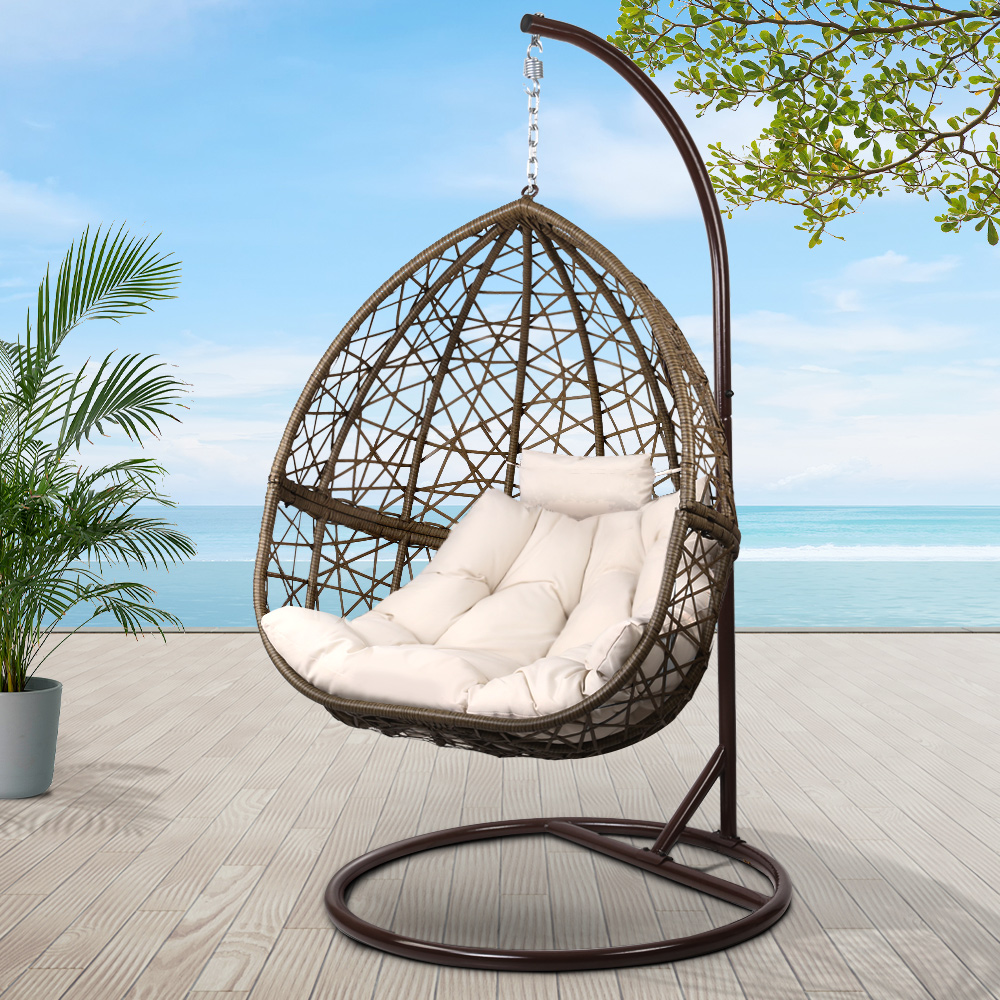 HM-EGG-RAN-S-LACR-AB-202502281544-00 Gardeon Outdoor Egg Swing Chair Wicker Rattan Furniture Pod Stand Cushion Latte - Image 1