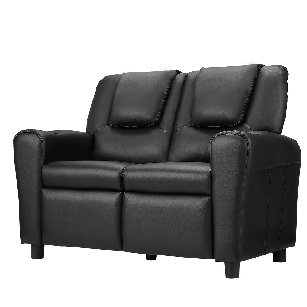 KID-RECLINER-DOUBLE-BK-173378-00 Keezi Kids Recliner Chair Double PU Leather Sofa Lounge Couch Armchair Black - Image 1