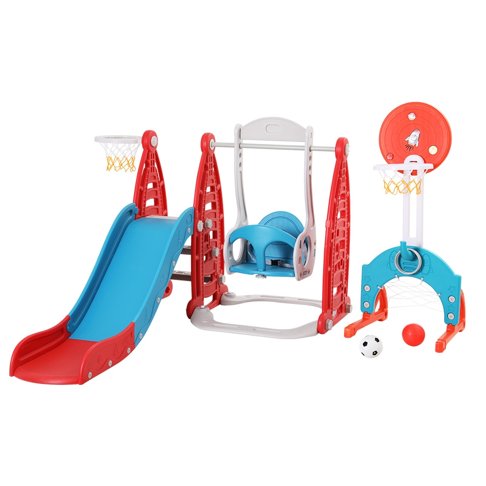 KPS-SLIDE-SWING-6IN1-RD-174942-00 Keezi Kids Slide Swing Set Basketball Hoop Rings Football Outdoor Toys 140cm Red - Image 1