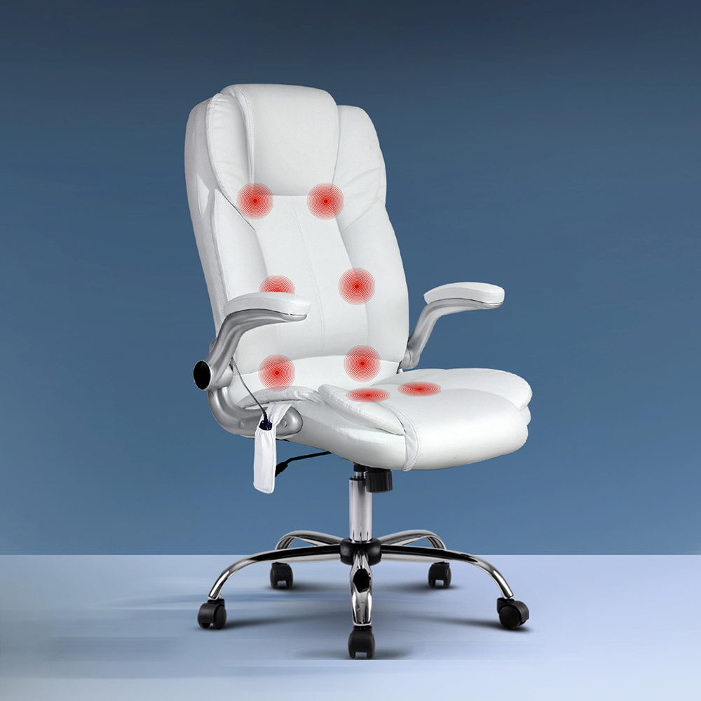 MOC-1223-WH-14851-07 Artiss 8 Point Massage Office Chair PU Leather White - Image 1