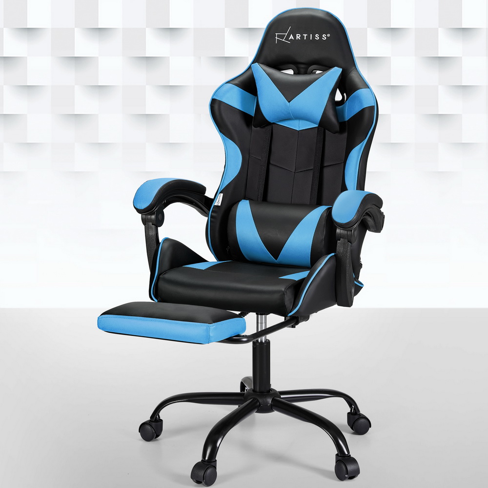 MOC-GC-2P-BK-CY-151225-06 Artiss 2 Point Massage Gaming Office Chair Footrest Cyan Blue - Image 1
