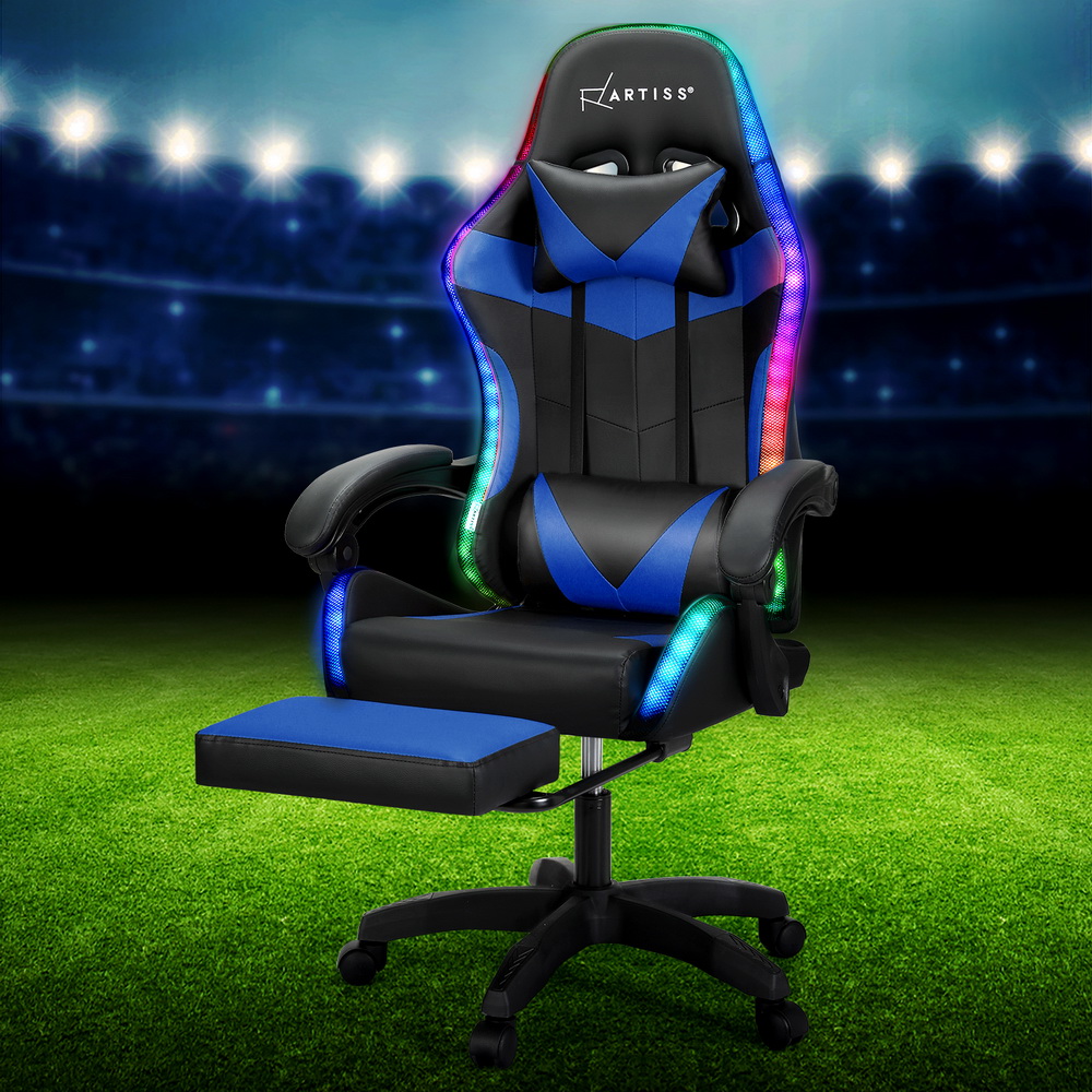 MOC-GC-6P-LED-BK-BL-151228-06 Artiss 6 Point Massage Gaming Office Chair 7 LED Footrest Blue - Image 1