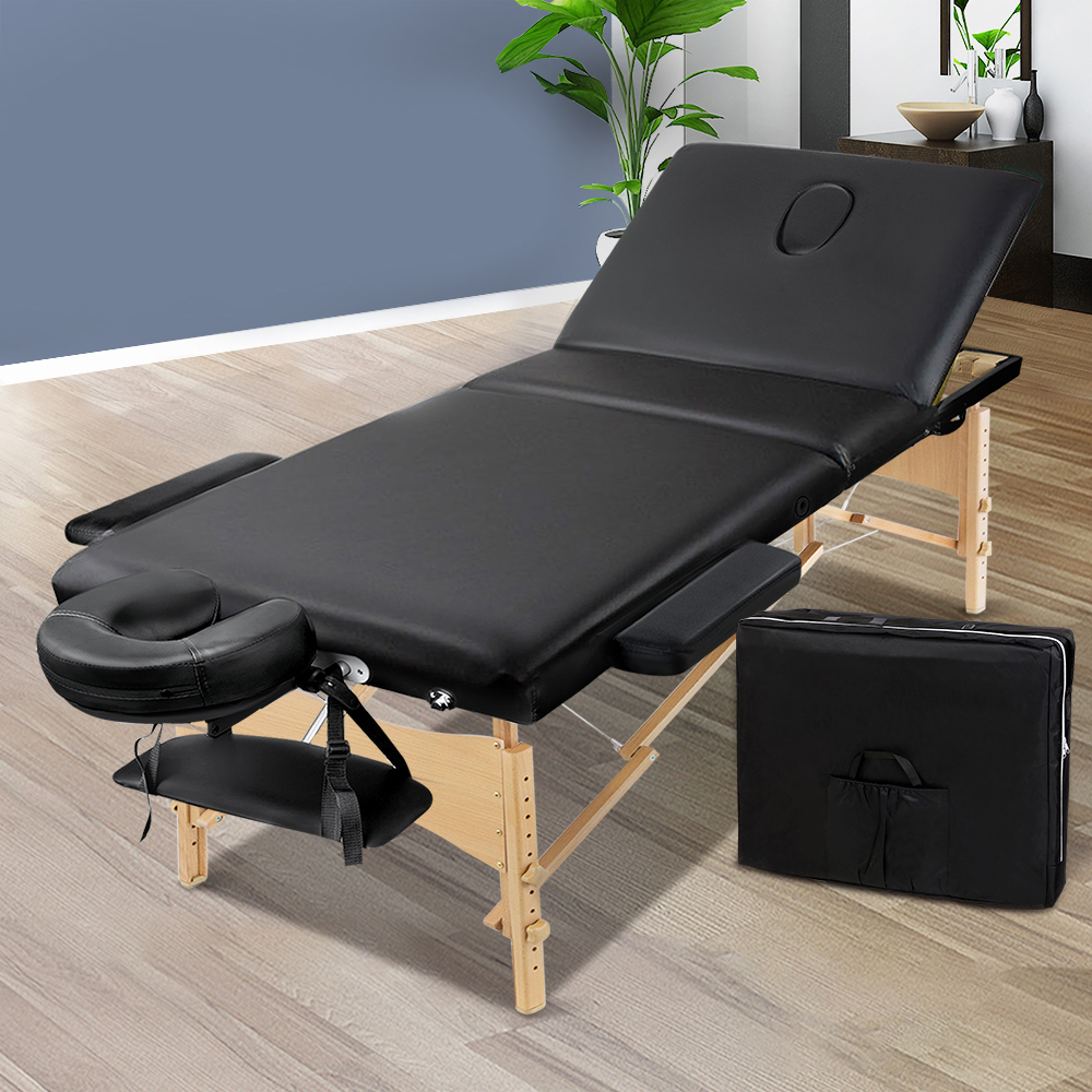 MT-WOOD-F3-BLACK-70-202502281952-00 Zenses Massage Table 70cm Portable 3 Fold Wooden Beauty Bed Black - Image 1
