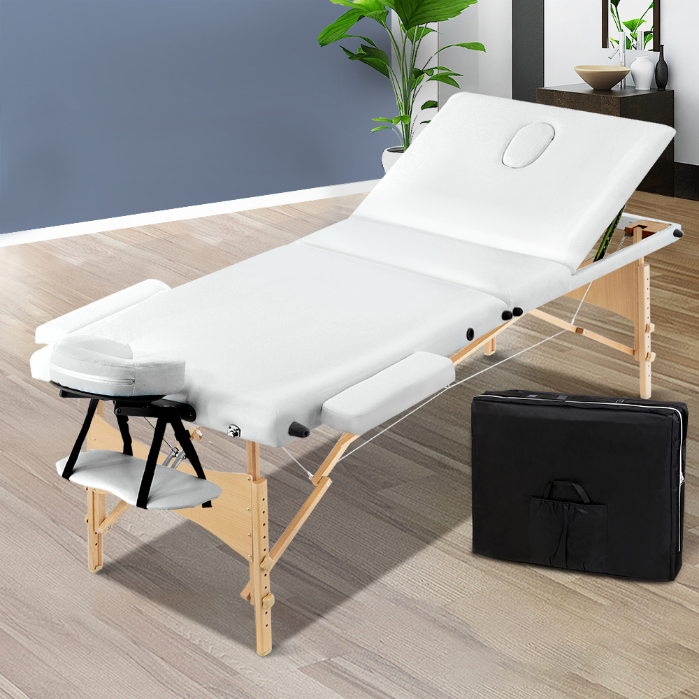 MT-WOOD-F3-WHITE-70-202502281952-00 Zenses Massage Table 70cm Portable 3 Fold Wooden Beauty Bed White - Image 1