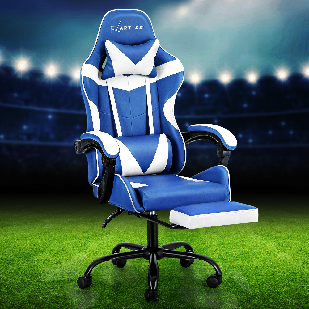 OCHAIR-G-R4775-FT-BU-WH-120206-04 Artiss Gaming Office Chair Executive Computer Leather Chairs Footrest Blue White - Image 1