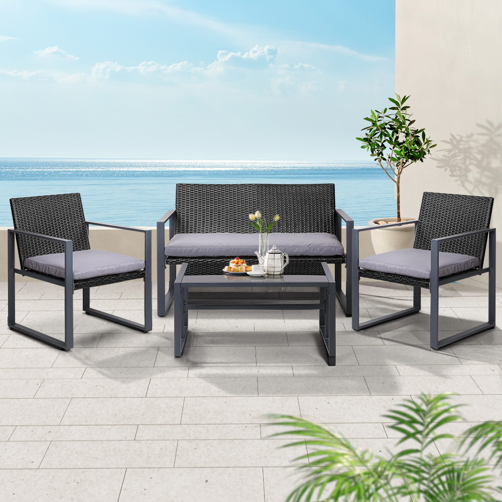 ODF-4PCS-BST03-BK-AB-15751-07 Gardeon 4 PCS Outdoor Sofa Set Rattan Furniture Glass Top Table Chairs Black - Image 1