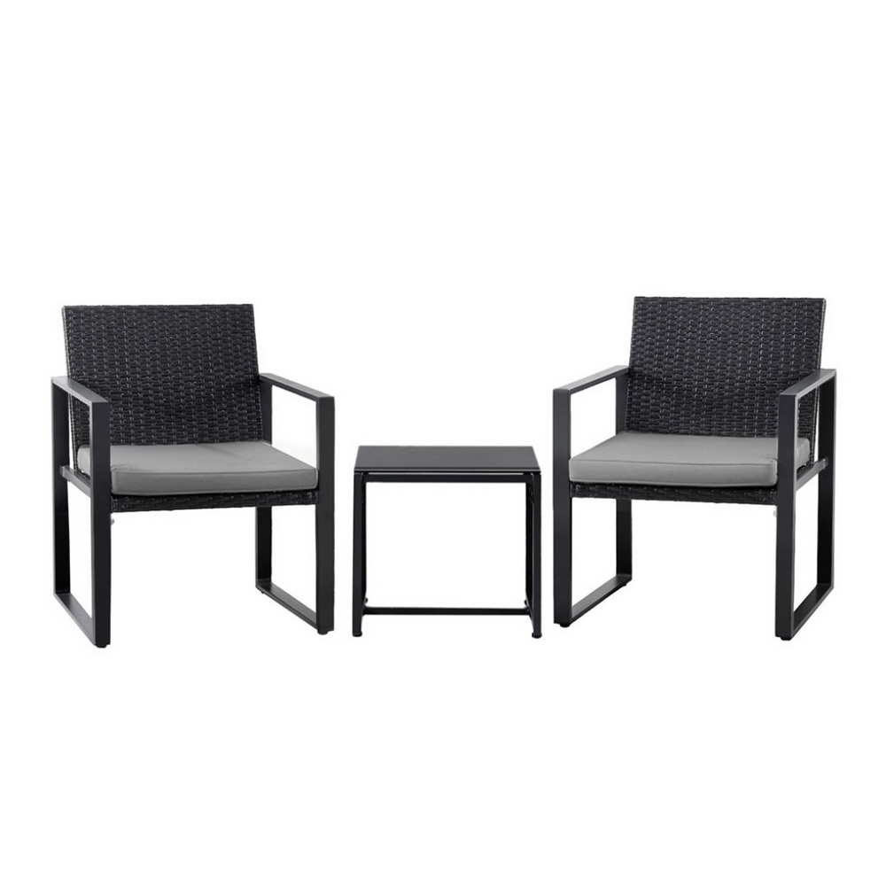 ODF-BISTRO-RATST-BK-202506101047-00 Gardeon 3PC Outdoor Bistro Set Patio Furniture Wicker Dining Chairs Table Cushion Black - Image 1