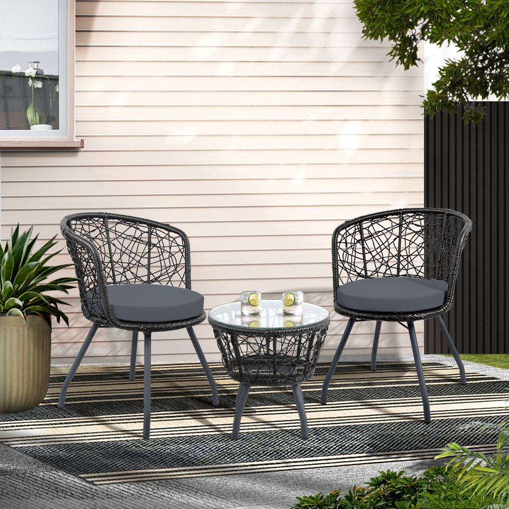 ODF-BISTRO-ROUND-BK-202502281616-00 Gardeon 3PC Bistro Set Outdoor Furniture Rattan Table Chairs Patio Garden Cushion Black - Image 1