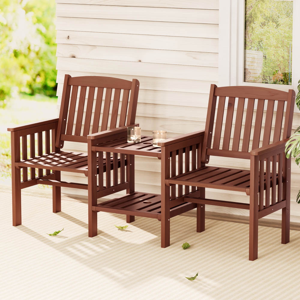 ODF-D-LOVESEAT-BR-215074-06 Gardeon Outdoor Garden Bench Loveseat Wooden Table Chairs Patio Furniture Brown - Image 1
