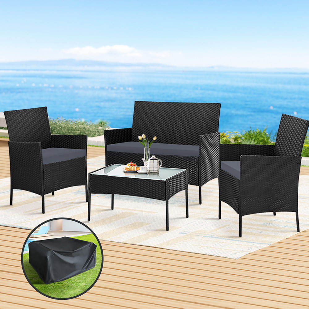 ODF-PATIO-17007-BK-AB-COVER-20641-06 Gardeon 4 Seater Outdoor Sofa Set with Storage Cover Wicker Table Chair Black - Image 1