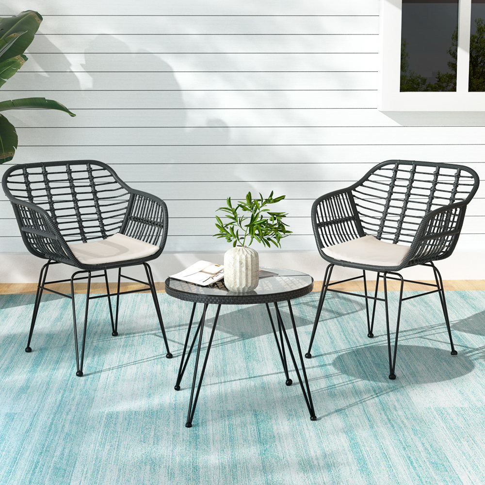 ODF-RATTAN-3PCS-GE-91791-06 Gardeon 3PC Outdoor Furniture Bistro Set Lounge Setting Table Chairs Cushion Patio Grey - Image 1