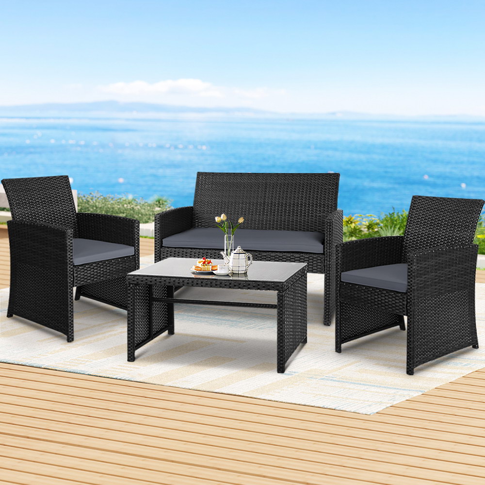 ODF-RATTAN-4PC-AB-BK-14758-06 Gardeon 4 PCS Outdoor Sofa Set Rattan Chair Table Setting Garden Furniture Black - Image 1