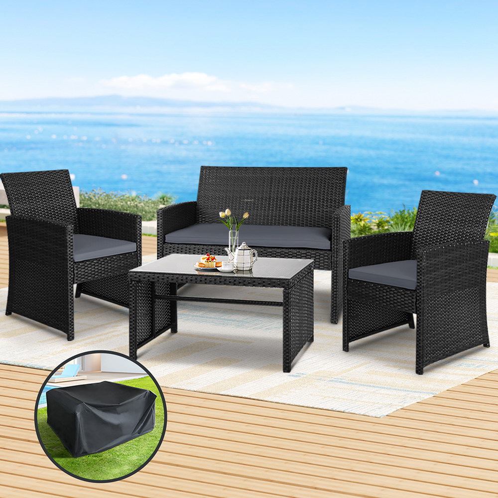 ODF-RATTAN-4PC-AB-BK-COVER-20716-06 Gardeon 4 PCS Outdoor Sofa Set with Storage Cover Rattan Chair Furniture Black - Image 1