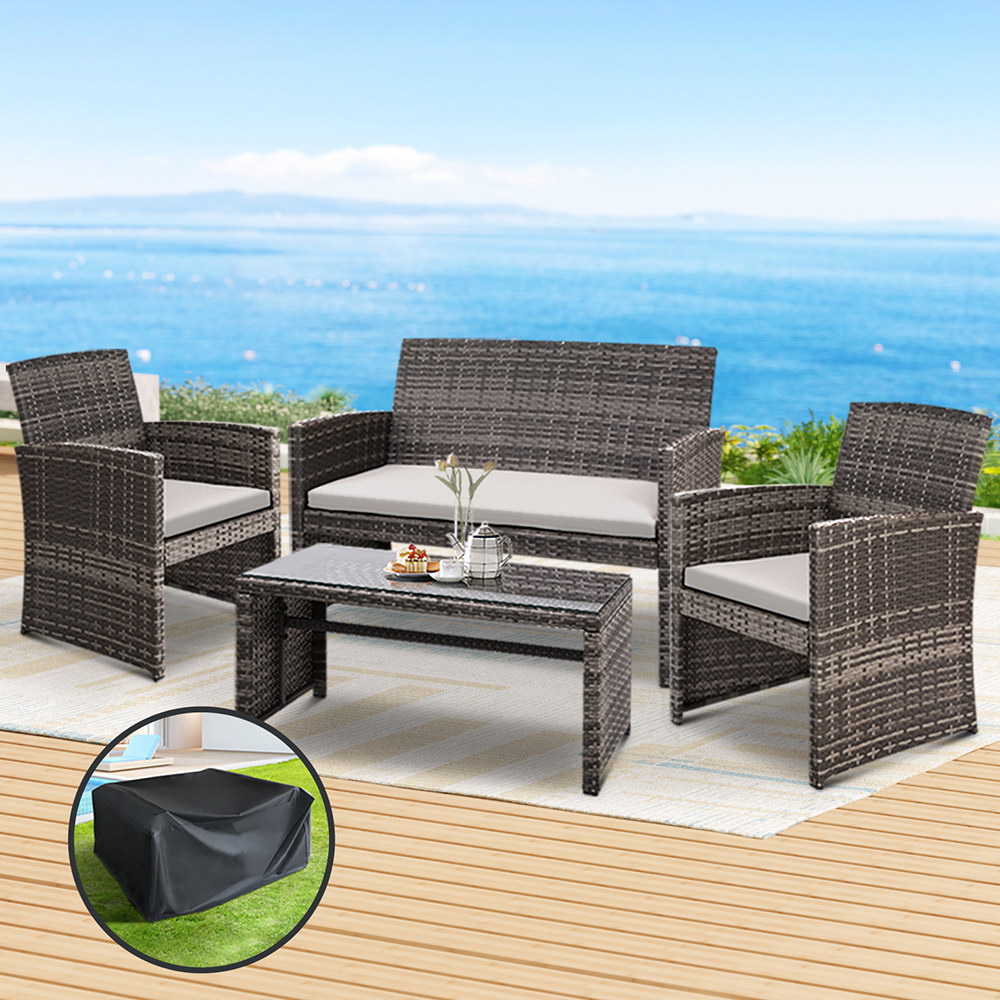 ODF-RATTAN-4PC-AB-GE-COVER-20718-06 Gardeon 4 PCS Outdoor Sofa Set with Storage Cover Rattan Chair Furniture Grey - Image 1