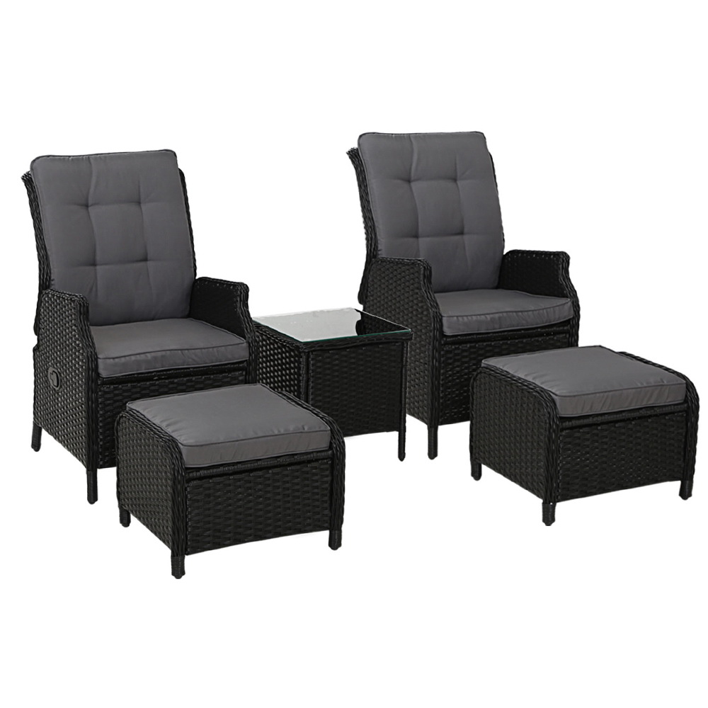 ODF-RCL-RW-CHOTTB-5BK-00 Gardeon 5PC Recliner Chairs Table Sun lounge Wicker Outdoor Furniture Adjustable Black - Image 1