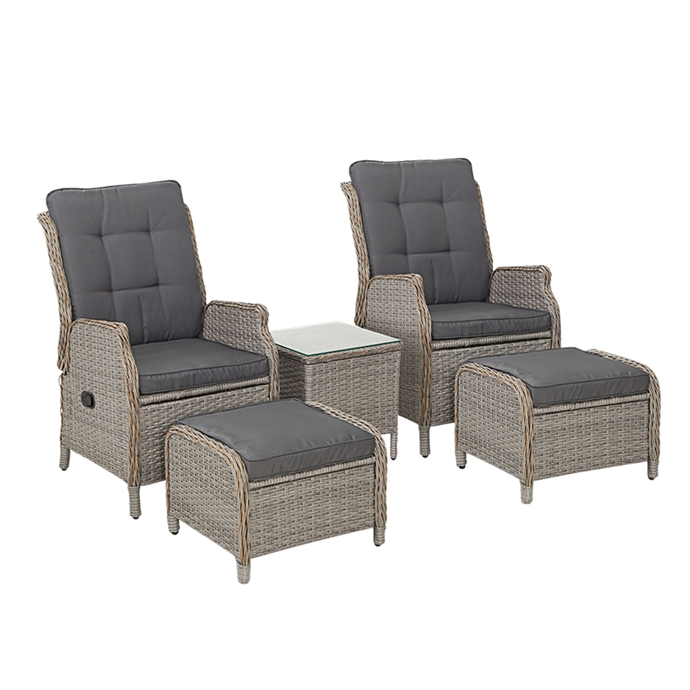 ODF-RCL-RW-CHOTTB-5GE-00 Gardeon 5PC Recliner Chairs Table Sun lounge Wicker Outdoor Furniture Adjustable Grey - Image 1
