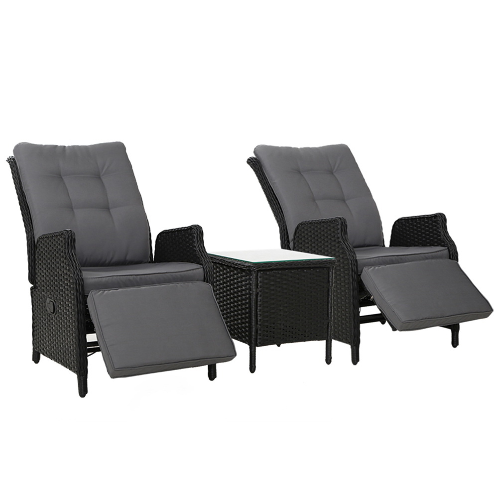ODF-RCL-RW-FT-3BK-00 Gardeon 3PC Recliner Chairs Table Sun lounge Outdoor Furniture Wicker Adjustable Black - Image 1