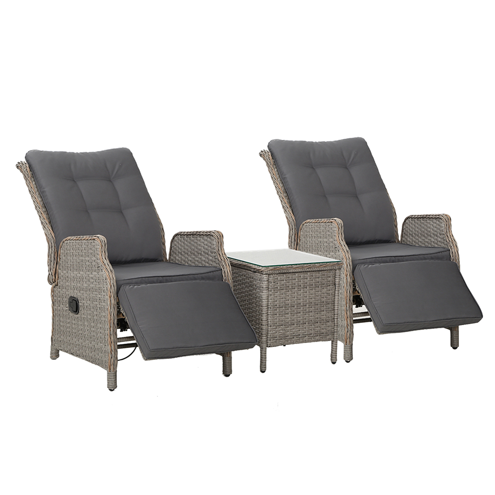 ODF-RCL-RW-FT-3GE-00 Gardeon 3PC Recliner Chairs Table Sun lounge Outdoor Furniture Wicker Adjustable Grey - Image 1