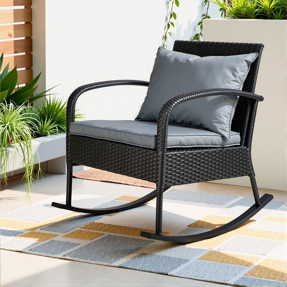 ODF-ROCK-E-CHAIR-BK-15268-07 Gardeon Outdoor Furniture Rocking Chair Wicker Garden Patio Lounge Setting Black - Image 1