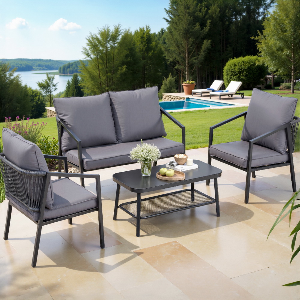 ODF-SOFA-4PCS-MEL-ROPE-BK-211333-06 Gardeon 4 Seater Outdoor Sofa Set 4PCS Table Chair Setting Patio Furniture - Image 1