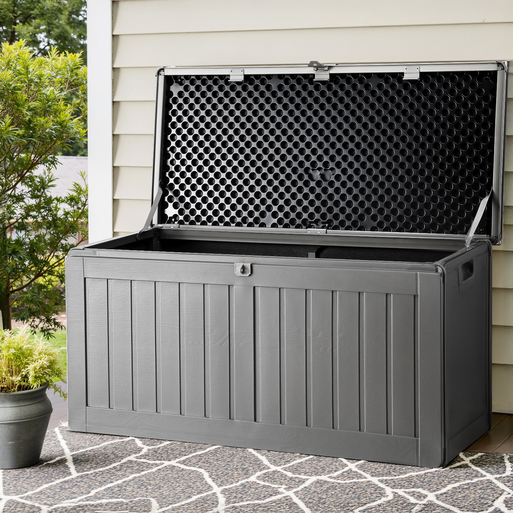 OSB-S190-BK-16187-07 Gardeon Outdoor Storage Box 190L Container Lockable Garden Bench Tool Shed Black - Image 1