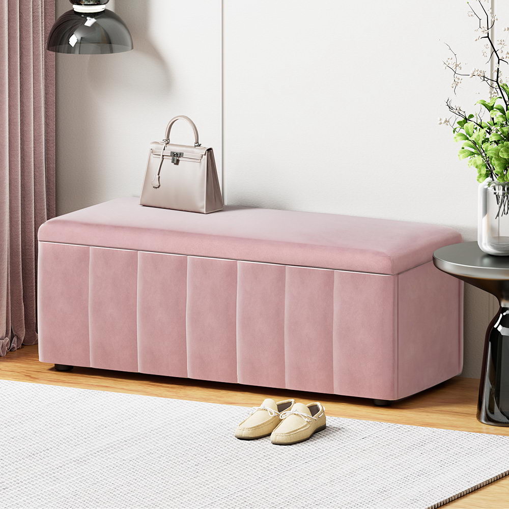 OTM-8101-VEL-PK-72616-07 Artiss Storage Ottoman Blanket Box 103cm Velvet Pink - Image 1