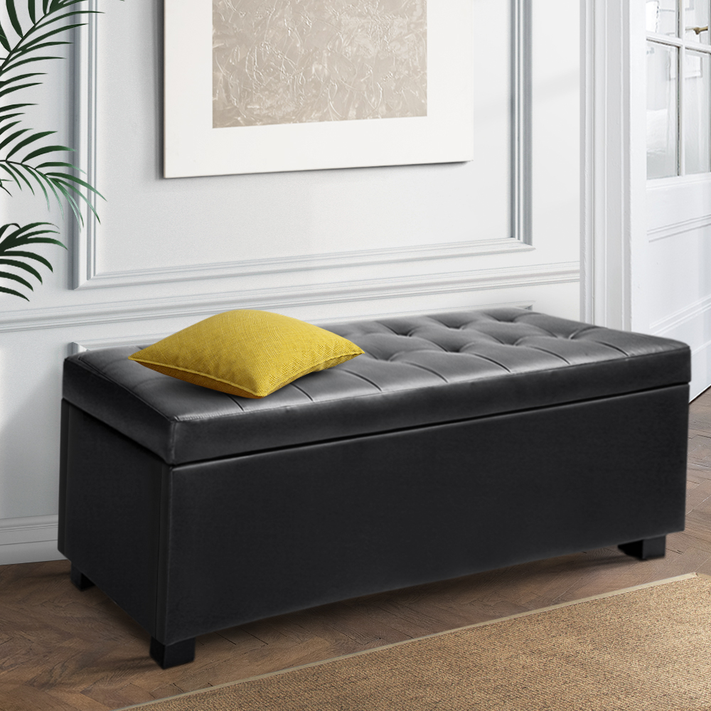 OTM-L2-BK-7595-07 Artiss Storage Ottoman Blanket Box 97cm Leather Black - Image 1