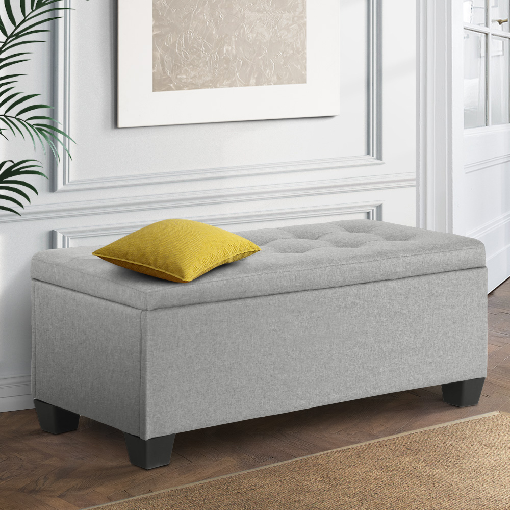 OTM-L2-LINEN-LI-GY-7600-07 Artiss Storage Ottoman Blanket Box 97cm Linen Light Grey - Image 1