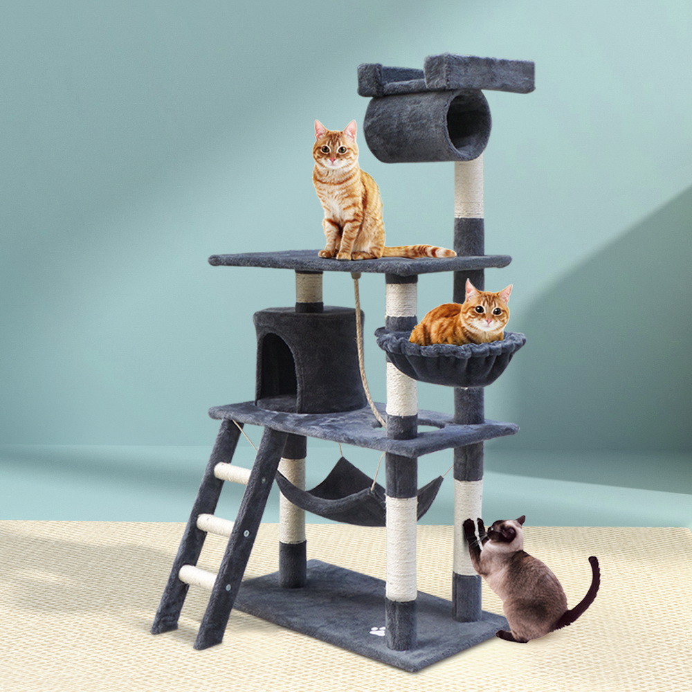 PET-CAT-PCT63-GR-5077-07 i.Pet Cat Tree 141cm Tower Scratching Post Scratcher Condo Wood House Bed Grey - Image 1