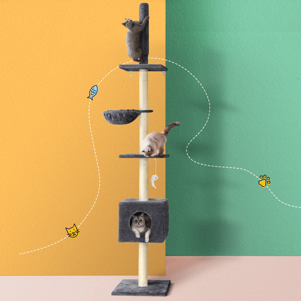 PET-CAT-POLE-DKGR-89854-04 i.Pet Cat Tree 260cm Tower Scratching Post Scratcher Floor to Ceiling Cats Bed Dark Grey - Image 1