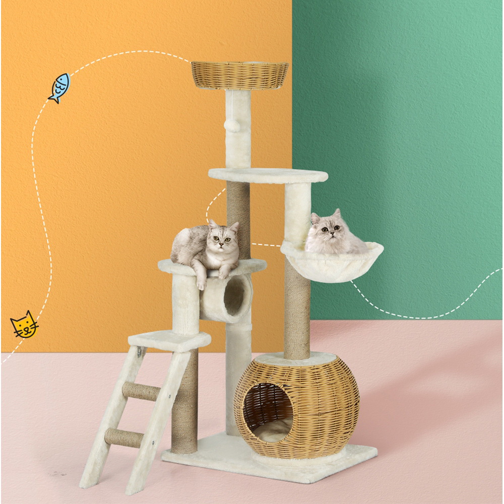 PET-CAT-RATTAN01-BE-139209-06 i.Pet Cat Tree 138cm Tower Scratching Post Scratcher Wood Bed Condo House Rattan Ladder - Image 1