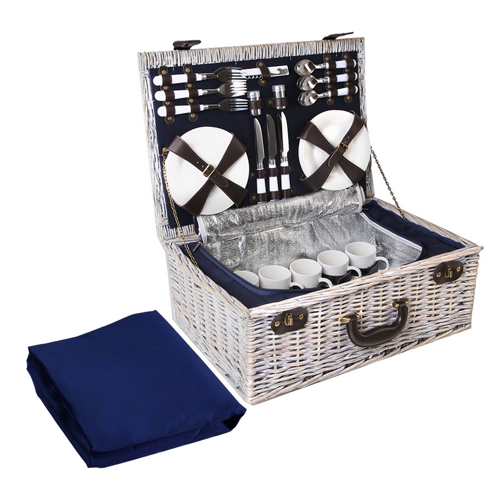 PICNIC-6PPL-COOLER-NAVY-00 Alfresco 6 Person Picnic Basket Set Cooler Bag Insulated Blanket Plates Navy - Image 1