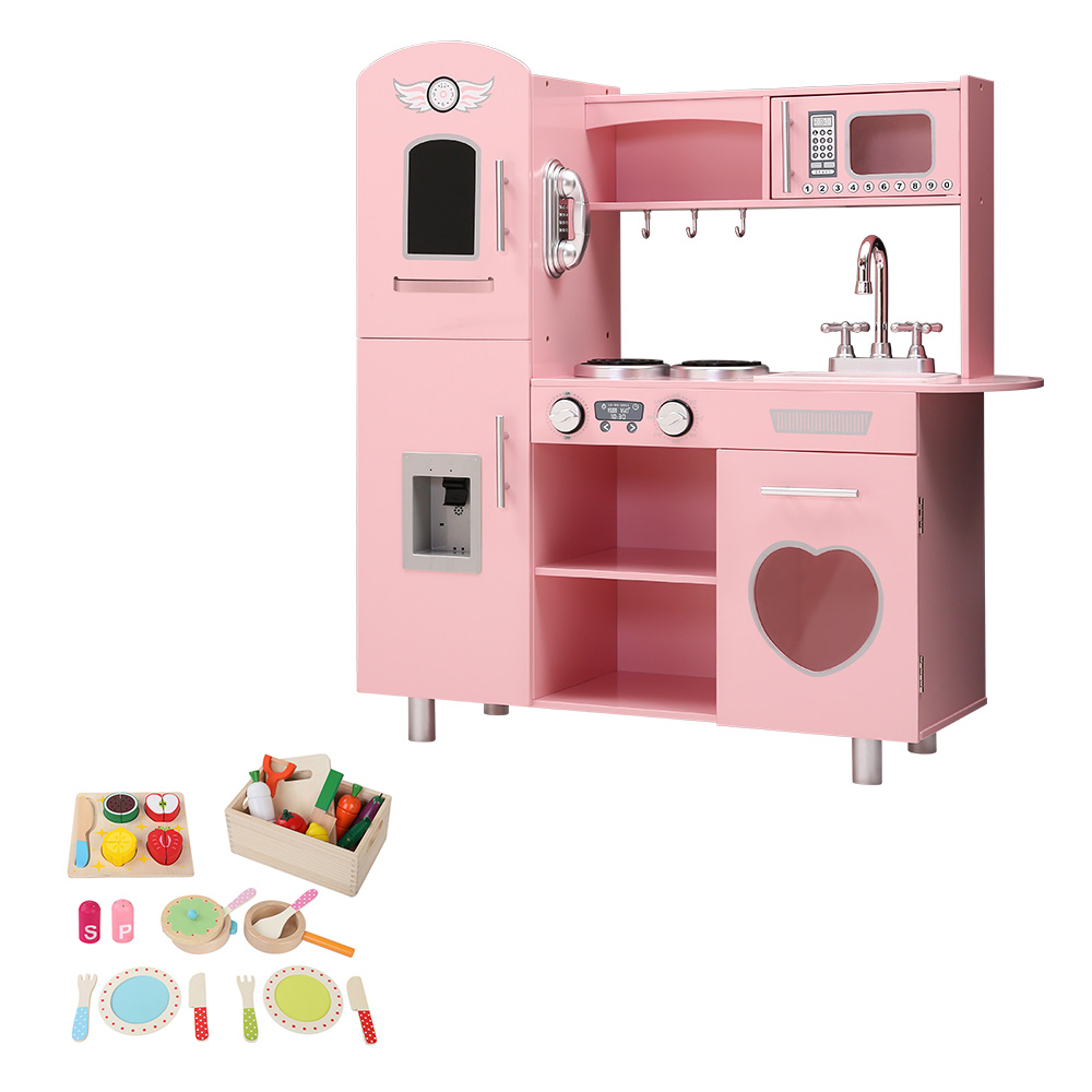 PLAY-WOOD-DISPENSER3IN1-B-PINK-65377-00 Keezi Kids Kitchen Play Set Wooden Pretend Toys Cooking Children Food Pink - Image 1
