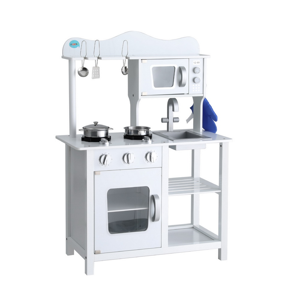 PLAY-WOOD-STAND-WH-5770-00 Keezi Kids Kitchen Play Set Wooden Pretend Toys Cooking Children Cookware Food - Image 1