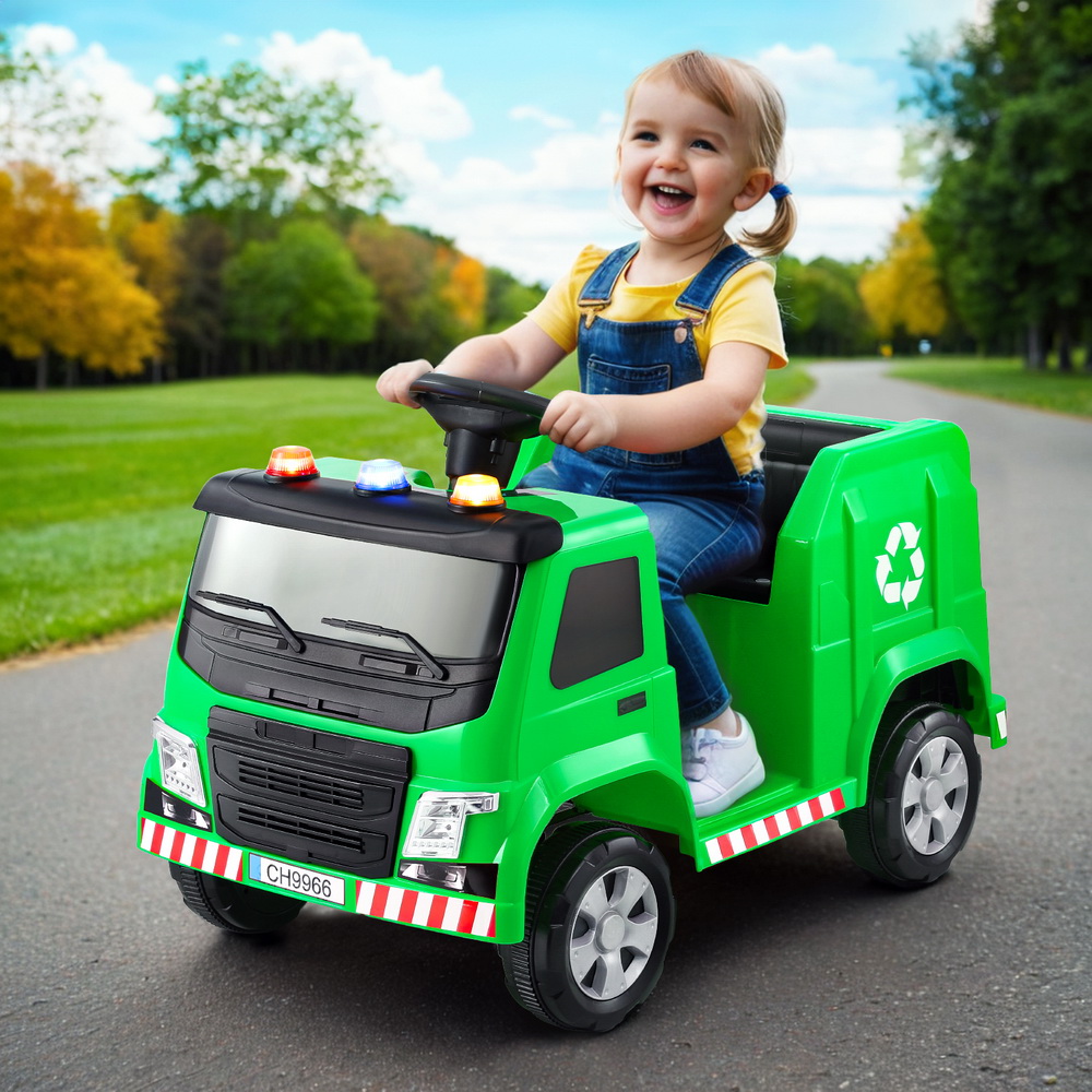 RCAR-C-POLICE-TRUCK-12V-GN-190848-05 Rigo Kids Ride On Car Garbage Truck Police Light 12V Electric Toys Cars Green - Image 1