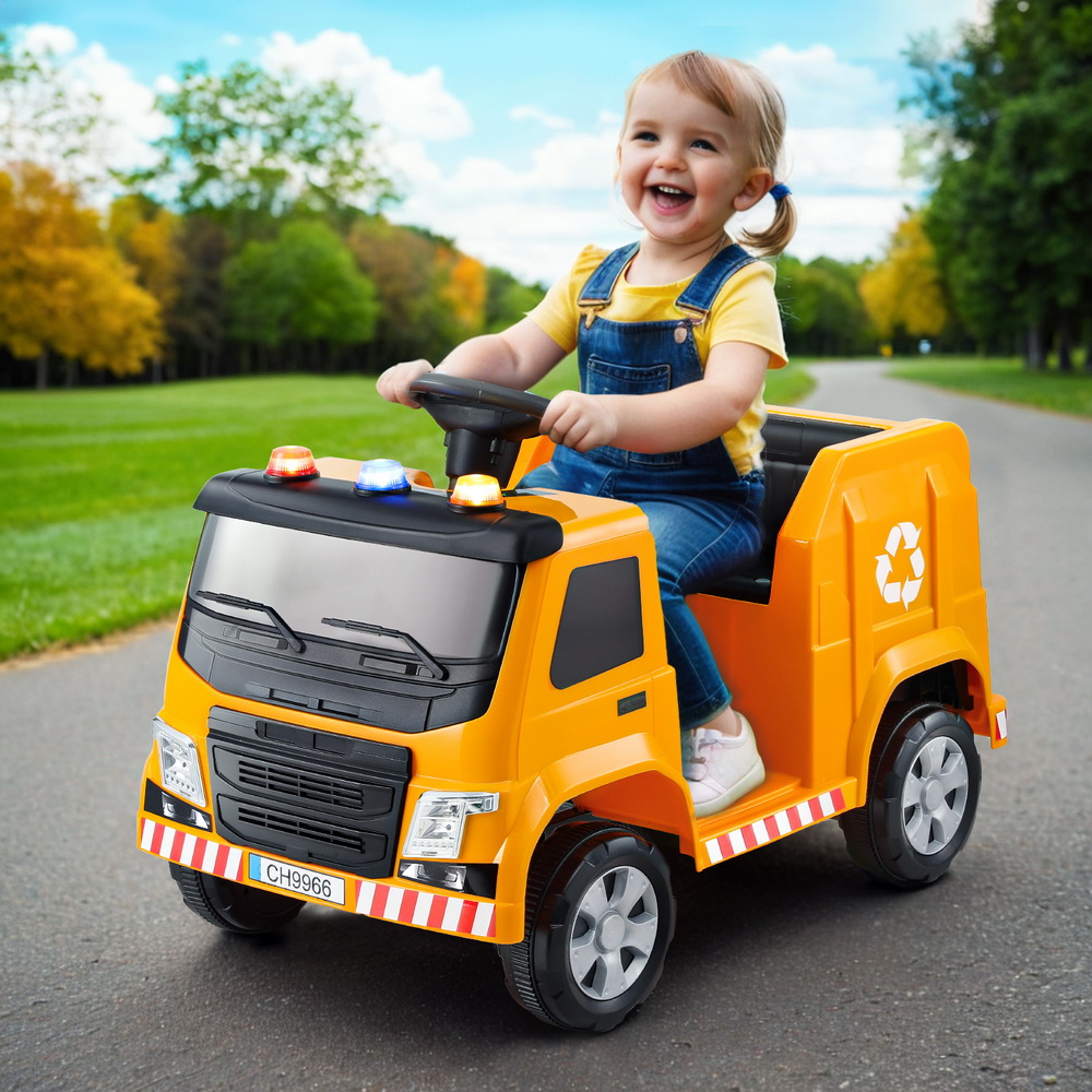 RCAR-C-POLICE-TRUCK-12V-YE-190847-05 Rigo Kids Ride On Car Garbage Truck Police Light 12V Electric Toys Cars Yellow - Image 1