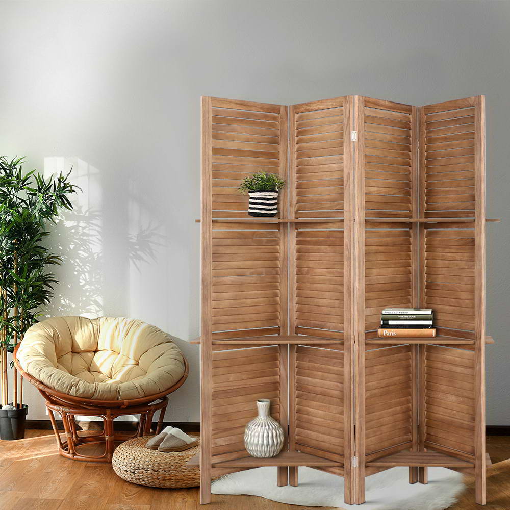 RD-B-0590-4P-BR-202502281406-00 Artiss 4 Panel Room Divider Screen 163x170cm Shelf Oak - Image 1