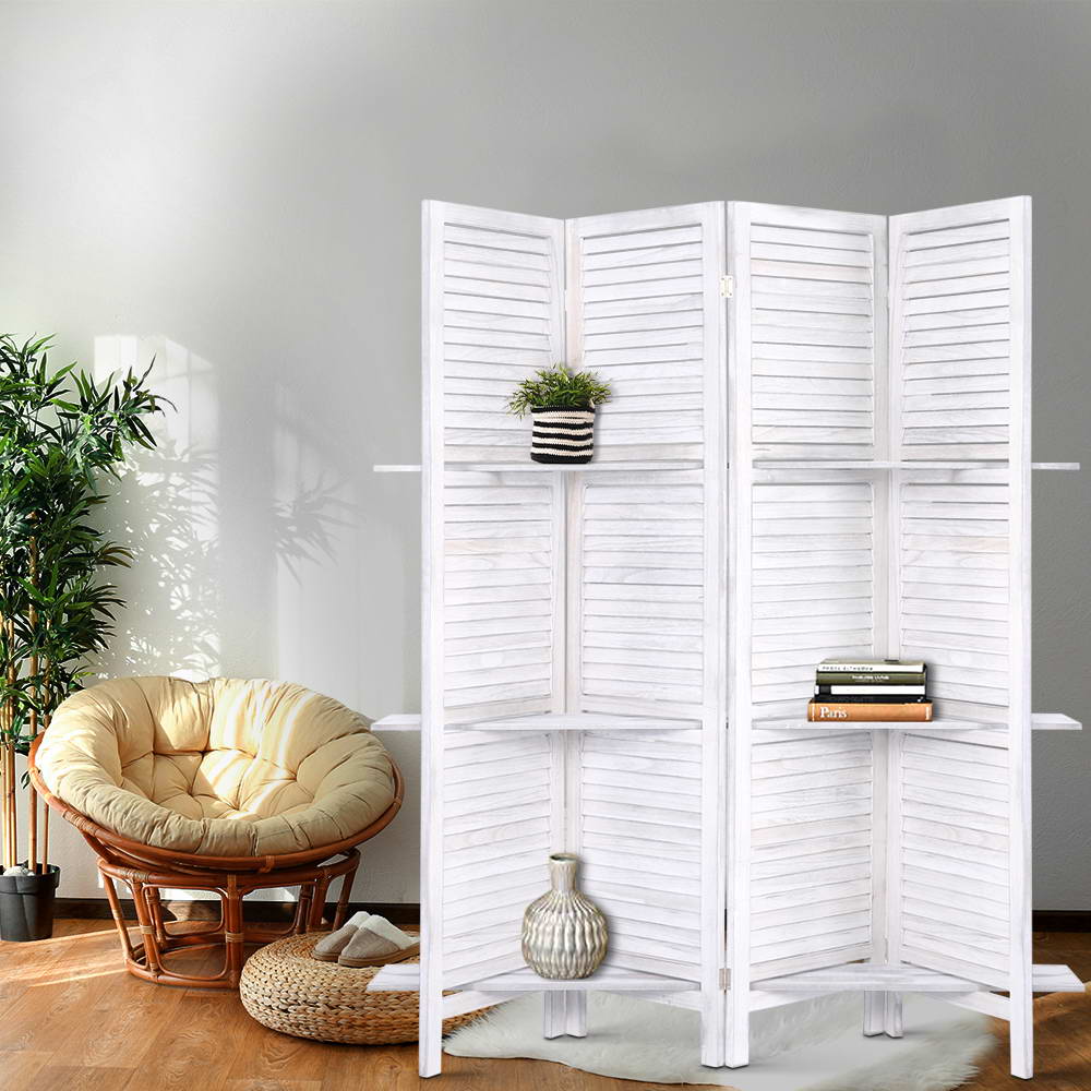 RD-B-0590-4P-WH-202502281406-00 Artiss 4 Panel Room Divider Screen 163x170cm Shelf White - Image 1