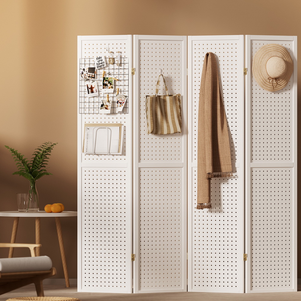 RD-HLW01-4P-WH-150729-06 Artiss 4 Panel Room Divider Screen 164x170cm Pegboard White - Image 1