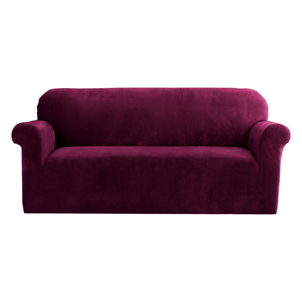 SCOVER-VEL-3-RD-00 Artiss Sofa Cover Couch Covers 3 Seater Velvet Ruby Red - Image 1