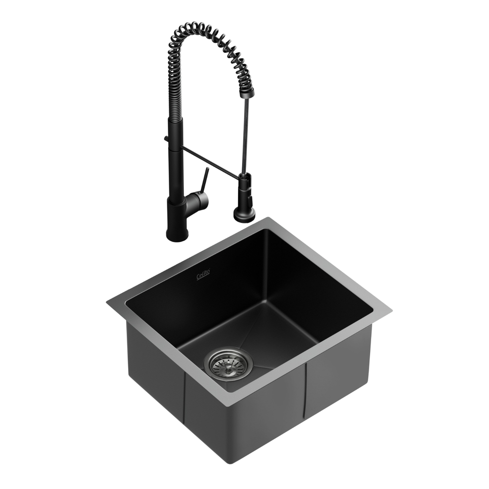 SINK-BLACK-5145-07-217075-00 Cefito Stainless Steel Sink 51x45CM With Pull Out Mixer Tap Kitchen Single Bowl Black - Image 1