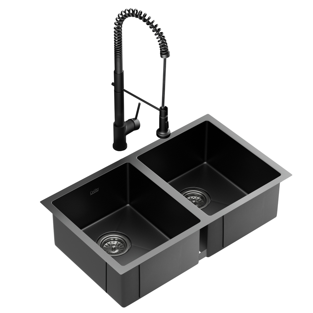SINK-BLACK-7745-07-217077-00 Cefito Stainless Steel Sink 77x45CM With Pull Out Mixer Tap Kitchen Double Bowl Black - Image 1