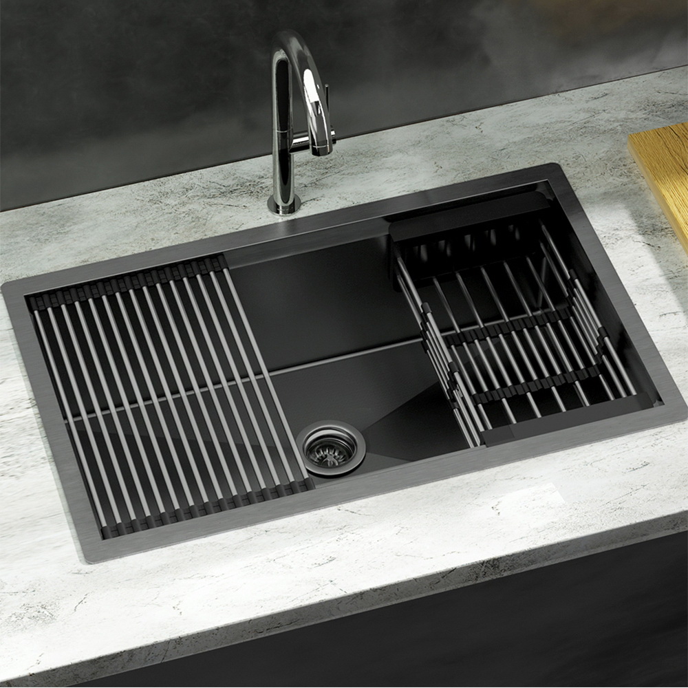 SINK-R10-7045T-BK-139233-06 Cefito Kitchen Sink 70X45CM Stainless Steel Single Bowl Drain Rack Basket Black - Image 1